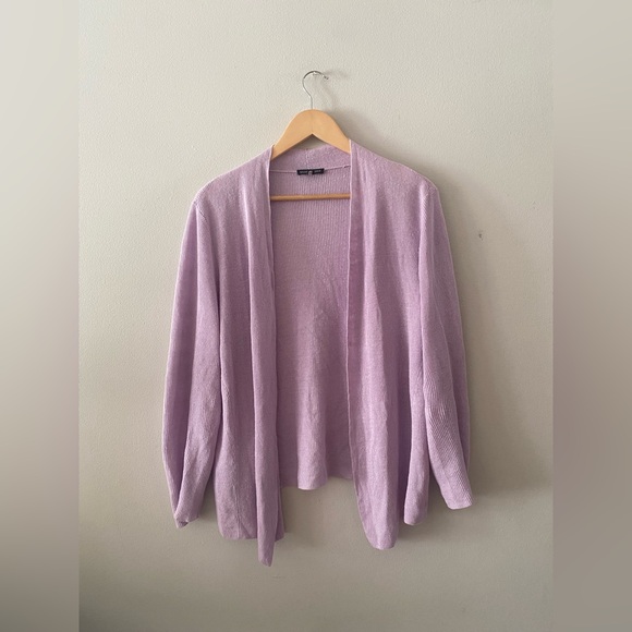 Eileen Fisher Organic Linen size Large Open Front Lilac Cardigan Sweater cotton - Picture 10 of 11